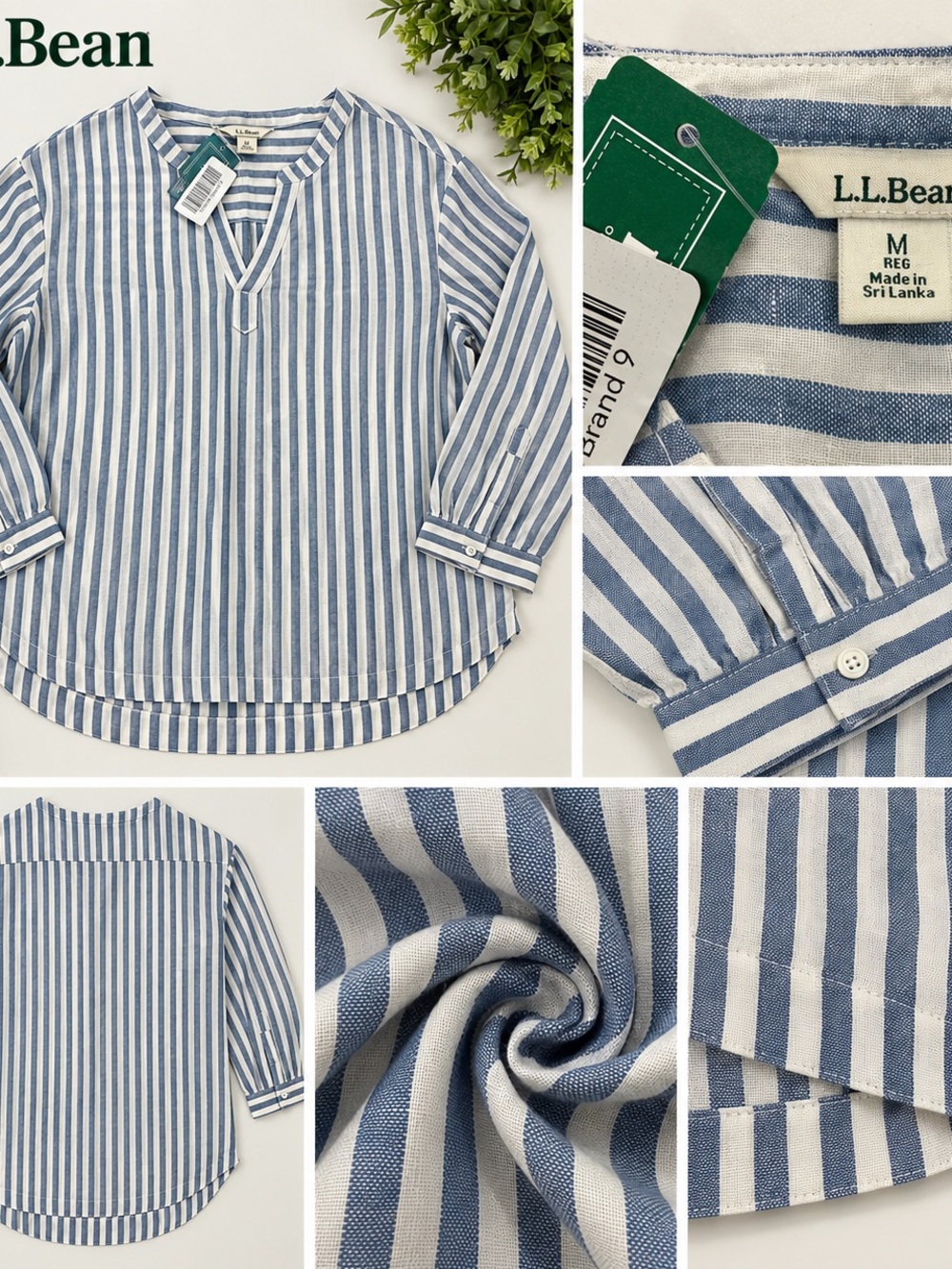 LL Bean Women Linen Split Neck Tunic Top Blue White Striped M 522935